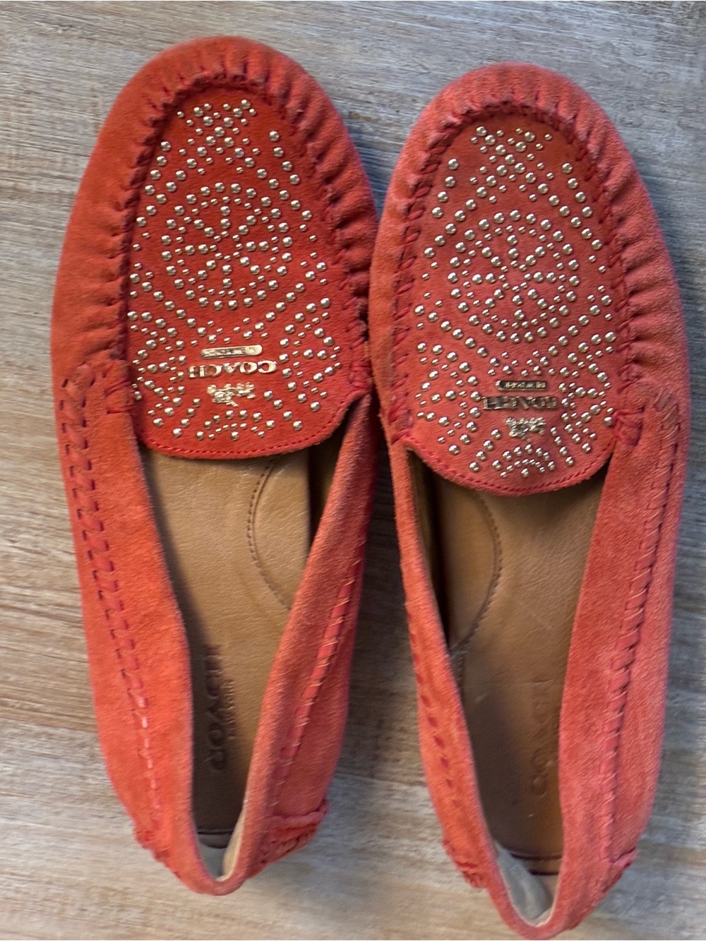 COACH Women's Red Suede Studded Moccasin Loafers